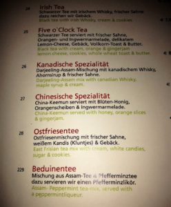 Tadshikische Teestube, Tea menu